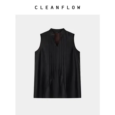 CLEANFLOW | 平板香云纱牙签褶无袖套头中式衬衫女2026夏新款背心