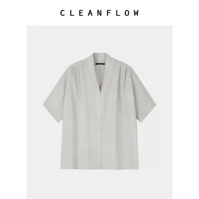 “月痕炒色”CLEANFLOW | 真丝双绉短袖v领中式气质衬衫女设计感